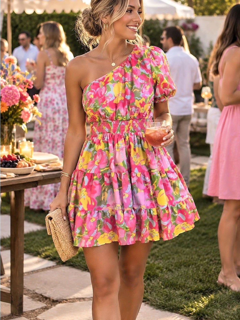 Flying Tomato Floral One-Shoulder Mini Dress Pink & Green Large - perfect condit
